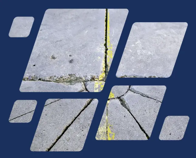 Diamond mosaic collage of cracked concrete surfaces with yellow repair markings